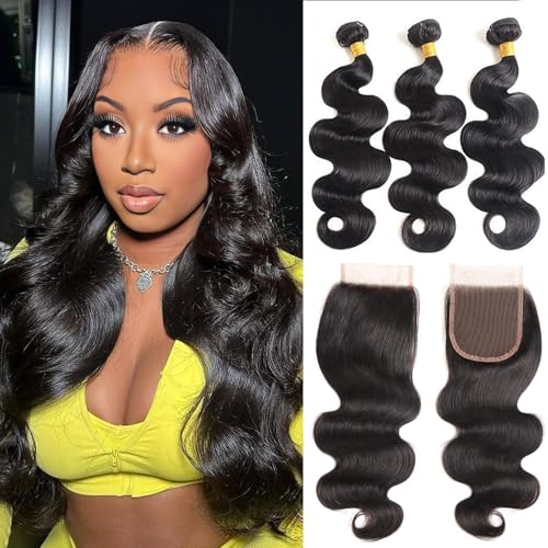 Human Hair Bundles with Closure Body Wave (18 20 22+16) 100% Unprocessed Brazilian Virgin Human Hair Weave Extensions 3 Bundles with 4x4 HD Transparent Lace Clsoure