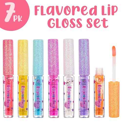 7pc Fruity Flavored Lip Gloss Set - Lip Gloss in Assorted Fruity Flavors, Non Toxic Makeup for Kids & Teens