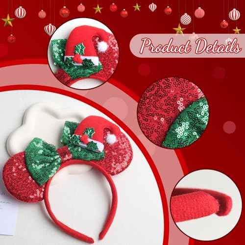 Christmas Bow Headbands Red Mouse Ear Hairbands Green Glitter Bow Hair Hoop Red Christmas Hat Headband Design Red Green Glitter Bow Headband Headband for Christmas New Year Party Hair Accessories
