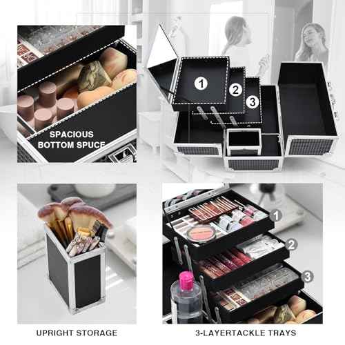 Joligrace Makeup Train Case Makeup Case 3-Tray Cosmetic Box with Mirror, Shine Black, 11.8-in Large Makeup Box with Detachable Brush Holder, Lockable Portable Makeup Travel Organizer Case