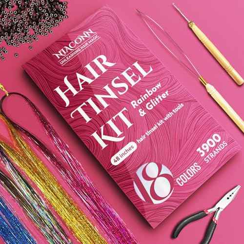 NIACONN Glitter Hair Tinsel Extensions Kit 18 Colors with Tools and Beads, 48 Inch Sparkly Fairy Colorful Tensile Strands Shiny Hair Accessories for Women Girls Kids