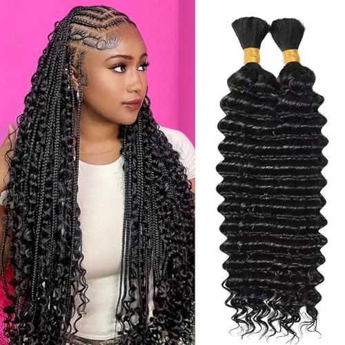 Human Braiding Hair for Boho Braids 100g 26 Inch Deep Wave Bulk Human Hair Braiding Hair Wet and Wavy No Weft Brazilian Virgin Culry Human Hair Extensions for Braiding Black Women 2 Bundles
