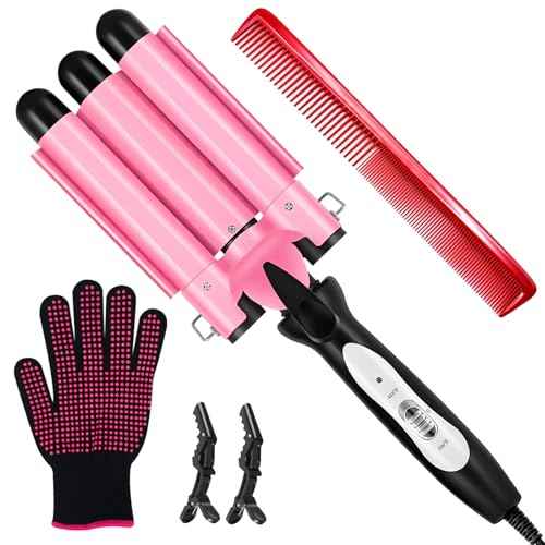 3 Barrel Curling Iron - 1" Professional Ceramic Hair Crimper with Dual Voltage & 2 Temperature Settings | 25mm Triple Barrel Waves Wand for Fast Heating Styling | Pink