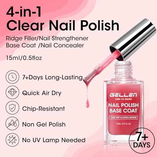 GELLEN 4?in?1 Clear Nail Polish Base Coat Sheer Tinted Red, Ridge Filler, Nail Strengthener & Concealer, Calcium Formula Strengthen Nails, Natural Color Enhance Natural Look, HEMA Free, Anti Yellow