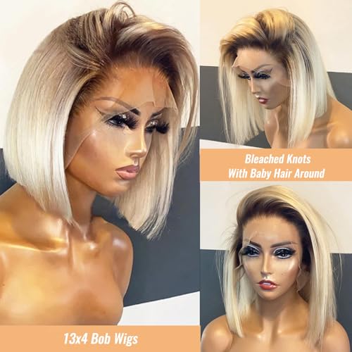 Ombre Blonde Bob Wig Human Hair Glueless 13x4 Lace Front Wigs Bleached Knots Pre Plucked Dark Roots 1B613 Blunt Cut Bob Wigs with Baby Full 180% Density Lace Frontal Wigs Middle Part 12¡±