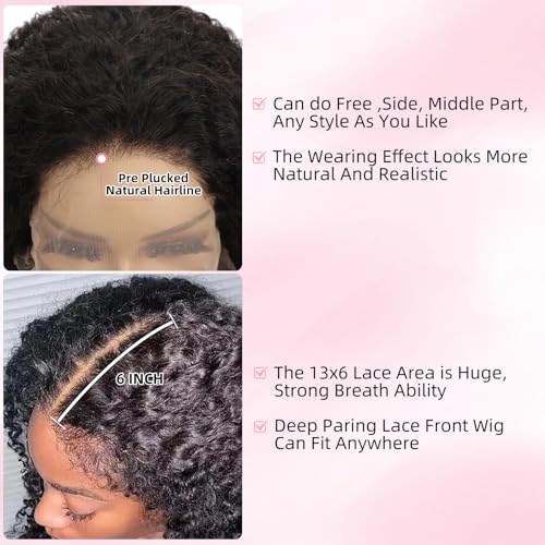 Afro Kinkycurly Wig Human Hair Kinky Curly13x6 Lace Front Wig 100% Real Human Hair Wigs 200 Density 16 Inch True to Length and Density 13x6 Lace Wigs for Women Preplucked Hairline Natural Black Color