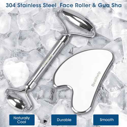 Face Roller and Gua Sha, Stainless Steel Facial Roller and Guasha Tool for Face, Skin Care Roller for Wrinkles and Lifting, Improve Puffiness, Metal Face Massager for Eyes, Neck Tighten