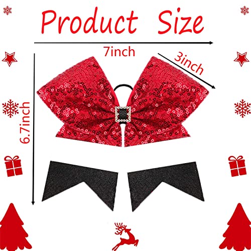 4pcs Christmas Large Cheer Hair Bows,7Inch Xmas Boutique Cheerleader Bows Accessories with Shiny Squares Hair Bows Elastic for Women Kids Toddlers Teens(Red, white and black)