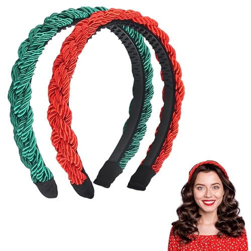 2pcs Christmas Headbands for Women Bright Silk Braided Headbands Green Red Braided Hair Band