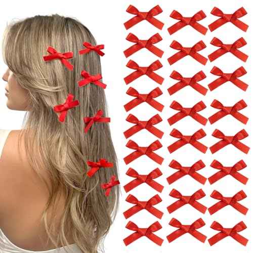 25PCS Red Mini Bows Ribbon Clips,2'' Tiny White Bow Barrettes,Hair Bow Satin Hair Ribbon for Women & Girls' Hair Accessories