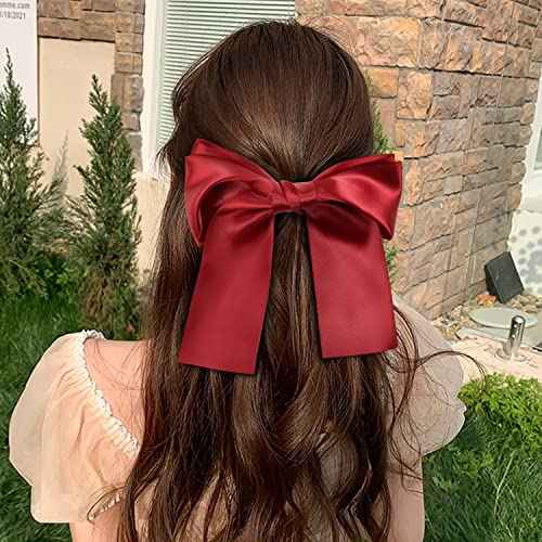 Lawie 8 Pack Bowknot Hair Accessories - 6 Inch Long Satin Barrettes, Big Bows for Girls and Women, Pink Red Blue Green Black Christmas Colors