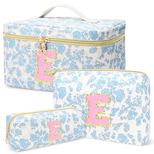 3 PCS Travel Makeup Bag Set,A-Z Initials Cotton Make up Bag Floral Quilted Cosmetic Bag for Girls and Women,Personalized Christmas Gifts,Cute Toiletry Travel Accessories Brushes Bags-E