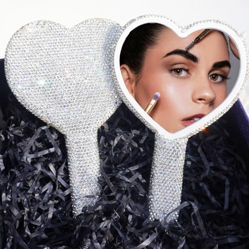 Large Rhinestone Handheld Mirror Heart Bling Glitter Cosmetic Dazzling Portable Hand Mirrors with Handle for Women Wedding Silver White