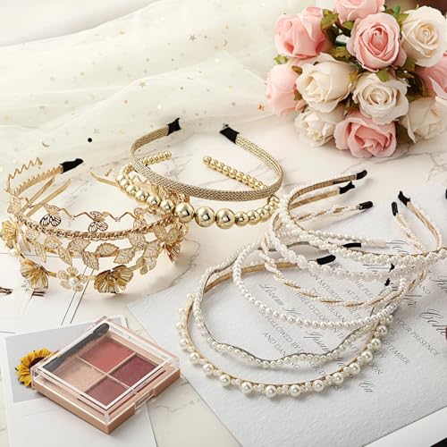 12 Pcs Pearls Headband Rhinestones Hairbands Faux Pearl White Bridal Headband Gold Alloy Flower Head Band Metallic Butterfly Hair Hoop Wedding Hair Accessories for Women, 12 Styles