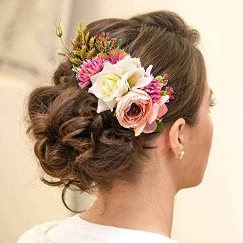 Cinaci 4 Pack Large Artificial Flower Metal Hair Side Combs Floral Slide Hair Clips Wedding Bridal Headpieces Hairpins Barrettes Decorative Hair Comb Bun Accessories for Women Girls Brides Bridesmaids