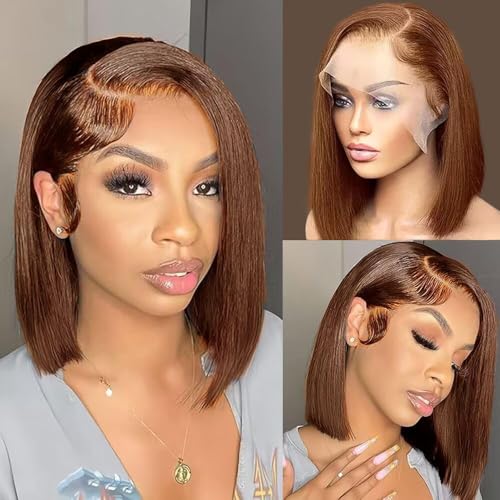 PANDA ANGEL Chocolate Brown Bob Wig Human Hair Wear and Go Glueless Wigs Human Hair Pre Plucked Pre Cut Bob Lace Front Wigs 13X4 Straight HD Brown Bob Lace Frontal Wig for Women 16 Inch