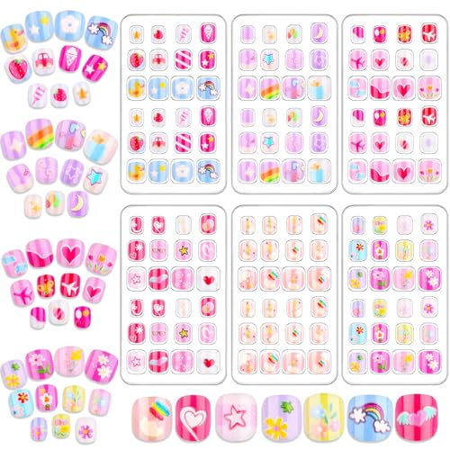 Audab 144 Pieces Mini Nails Set for Kids Press on Girls Nails Kit Fake Nail Tips Short False Nail Full Cover Stick on Nails for Kids 8-12 Sleepovers Stuff Spa Parties Supplies Valentine Day Gifts