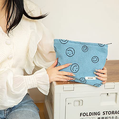 GUTGNK Makeup bag for Women, Corduroy Cosmetic Bag Aesthetic Design Ladies Tote Bag,Cute Smiley Face Makeup Organizer with Zipper - Blue