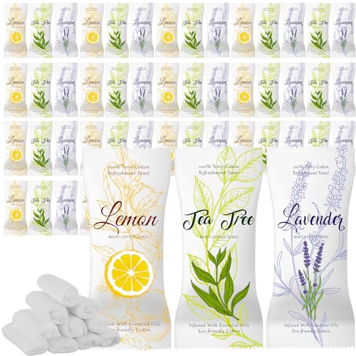 VitalCozy 240 Pcs Moist Cotton Towel Moist Towelettes Individually Wrapped Scent Disposable Face Towel 8.6'' x 8.6'' Hot/Cold Moistened Cleansing Wipes, Lemon Tea Tree and Lavender Scent (White)