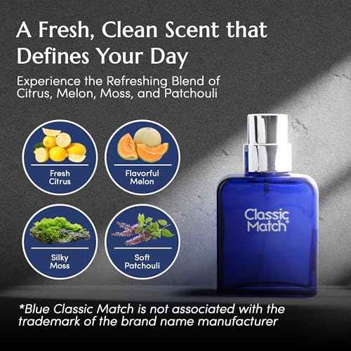 PB ParfumsBelcam Blue Classic Match Eau de Toilette Spray for Men ? Modern Citrus Fougere Fragrance, Notes of Melon, Moss and Patchouli, Cologne Alternative, Signature Fragrance ? 2.54 Fl Oz