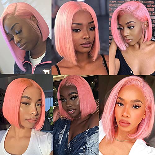 Guanyuhair Pre-plucked Short Bob Human Hair Lace Front Wigs Glueless Silky Straight 150% Full Density #Pink Free Part Bob Wigs For Black Women (12 inches, Pink)
