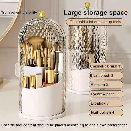 Makeup Brush Holder with Lid£¬Makeup Brush Storage Box with Diamond Pattern£¬360 Rotating Waterproof and Dustproof Beauty Brushes Storage for Vanity Bathroom,White