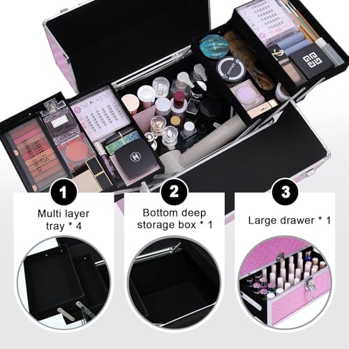 TOPACK Rolling Makeup Train Case,Professional Cosmetology Case on Wheels,Large Cosmetic Organizer Trolley Case,Makeup Travel Case with Draws,Nail Artist Hairstylist Storage Traveling Cart Trunk,Pink