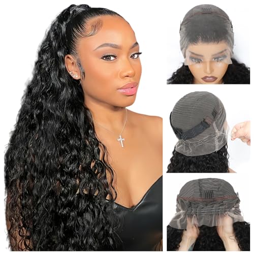 360 Lace Front Wigs Human Hair Pre Plucked With Drawstring 360 Deep Wave Glueless Full Lace Human Hair Wigs Wet And Wavy Invisible Strap Full Lace Wigs For Black Women£¨Black, 18 Inch£©