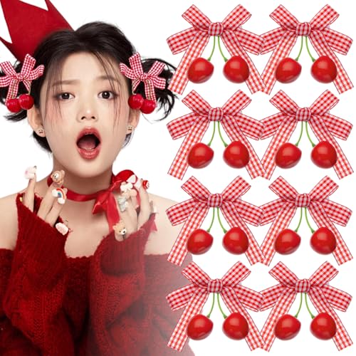 8 Pcs cherry Bow Hair Clips Hair Accessories Red White Bow Hairpin Alligator Hair Barrettes Plaid Bows Clips for Women Girls Christmas Party Hair Decoration