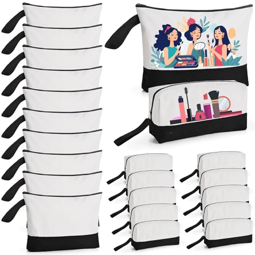 20 Pcs Canvas Makeup Bag with Bottom, 12oz Cotton Cosmetic Bag Set Bulk Multi-Purpose DIY Heat Transfer Makeup Bags with Black Zipper for Bridesmaid Makeup Bag Travel Toiletry Pouch Storage, Halloween