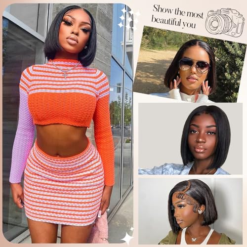 AISI Bob Wig Human Hair Glueless Wigs Human Hair Pre Plucked Pre Cut 4x4 HD Lace Front Put On and Go Glueless Wigs Human Hair 180% Density Short Straight Bob Wigs for Black Women 8 inch