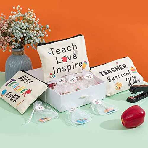 Nosiny 18 Pcs Teacher Appreciation Gifts Set 12 Teacher Keychains Bulk 6 Makeup Pouch Cosmetic Bag Thank You Gifts for Women Christmas