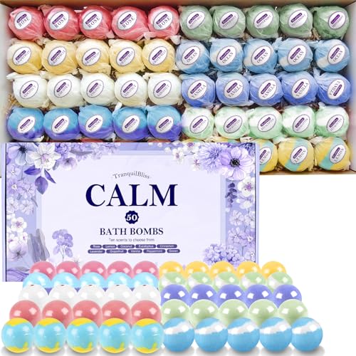 TranquilBliss Bath Bombs for Women, 50 PCS Set with 10 Rich Scents, Natural Bubble Bathbombs, Dry Skin Moisturizing, Present for Christmas, Mother¡¯s Day, Birthday, for Mom, Wife, Her, Girls