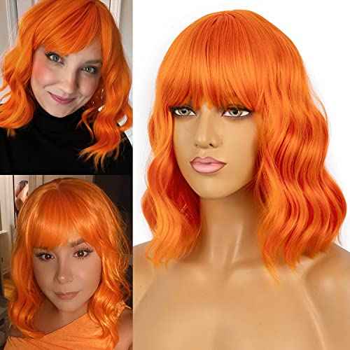 Wavy Wig With Bangs Women's Short Orange Wigs Curly Wavy Bob Synthetic Cosplay Wig for Girls Daily Use Halloween Wigs(12" Orange)
