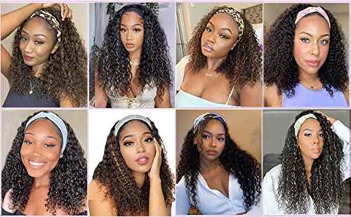 Punmasa Headband Wig Human Hair Deep Wave 20 Inches 1B/27 Headband wigs for women Glueless None Lace Front Wigs Machine Made 150% Density headband wig human hair with Headbands(20 Inches)