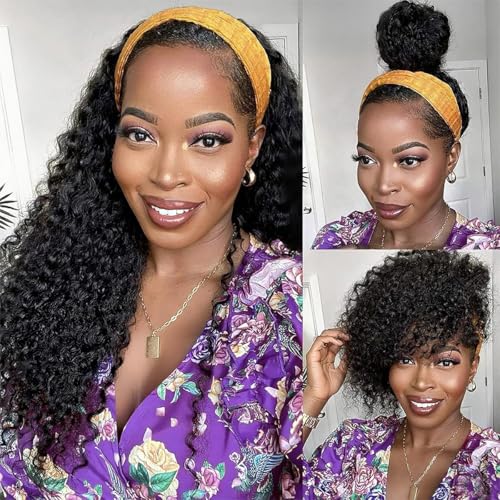 Headband Wig Human Hair Deep Wave 22 Inch Curly Headband Wigs for Black Women Glueless No Lace Half Wig Brazilian Virgin Hair Deep Curly Natural color