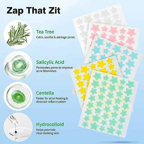 Pimple Patches for Face, Hydrocolloid Acne Patches, Cute Star Zit Covers, Colorful Spot Stickers with Tea Tree, Salicylic Acid & Cica Oil| 3 Sizes (10mm, 12mm & 14mm) |200 Count