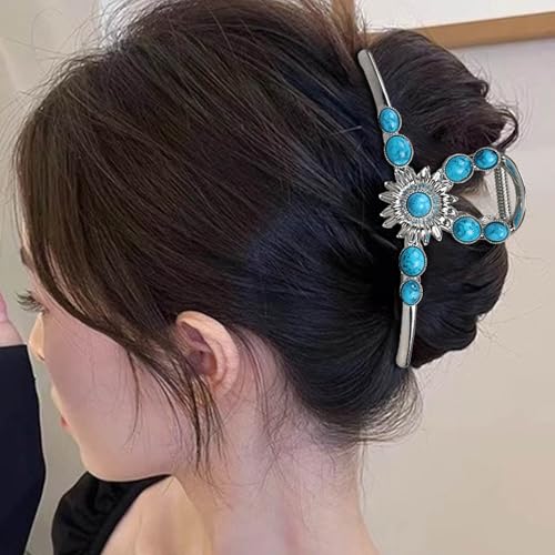 Turquoise Hair Clip, Western Claw Clips, Turquoise Claw Clip, Gems Hair Accessories, Western Hairs Accessories, Blue Metal Claws Clips for Thick Hairs Large (Sun Flower)