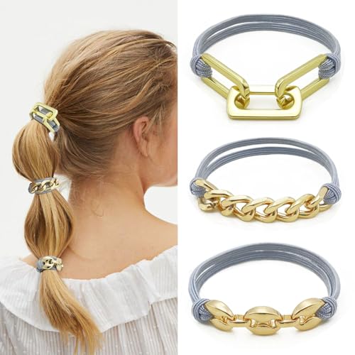 Bracelet Hair Ties Ponytail Holders, Gold Chain Link on Pink cord, Handmade Hair Elastic for Women Gray