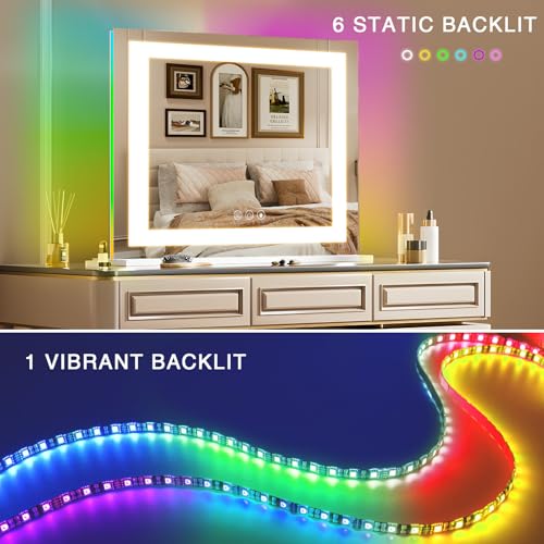 COOLJEEN RGB Vanity Mirror with Lights 23¡± X 18¡± Makeup Mirror with Front Light and RGB Backlit Lighted Makeup Mirror with 3 Color Lighting Dimmable Tempered Glass 10x Magnification and Wall-Mounted