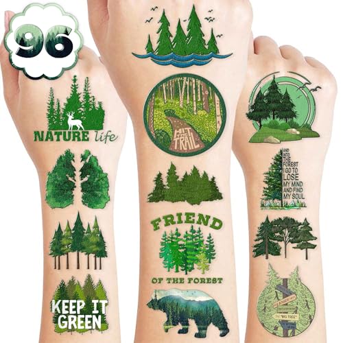 96 PCS Forest Pre-Cut Temporary Tattoos Birthday Party Decorations Favors Supplies Decor Forest Tree Animal Adventure Nature Themed Stickers Gifts For Girls Boys Classroom School Prizes Reward