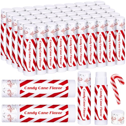 50 Pack Christmas Lip Balms Bulk Christmas Candy Peppermint Cane Scented Holiday Flavor Lip Balm Gifts Xmas Party Gifts Bulk Xmas Items Stocking Stuffers for Women Men Staff Employee (Candy)