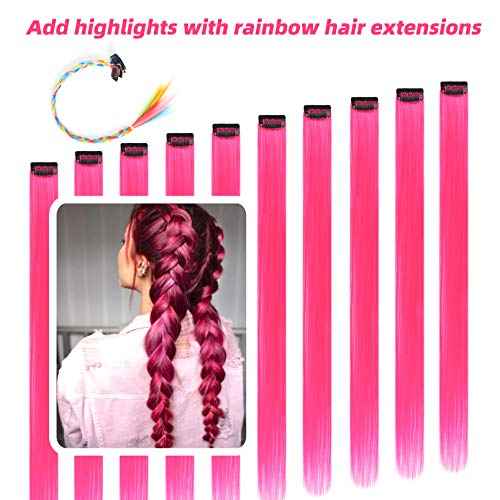 Pink Hair Extensions Clip in, 22 Inch 10 Pcs Long Straight Colored, for Kids Girls Women Highlight Party, Synthetic