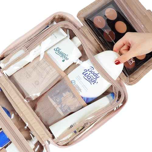 NISHEL Travel Toiletry Bag for Women Large Capacity, Makeup Essentials Organizer, Hanging Case for Accessories, Cosmetics, Pink