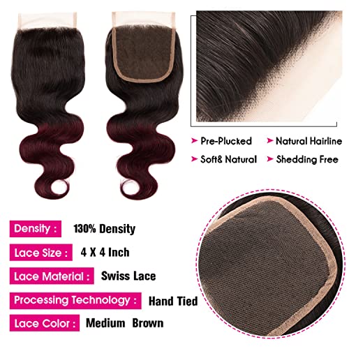 2 Tone Ombre Body Wave Human Hair 3 Bundles with 4x4 Lace Closure 100% Brazilian Remy Virgin Hair Body Wave Human Hair Bundles with 4x4 Free Part Lace Closure(T1B/99J, 10 12 14+10)