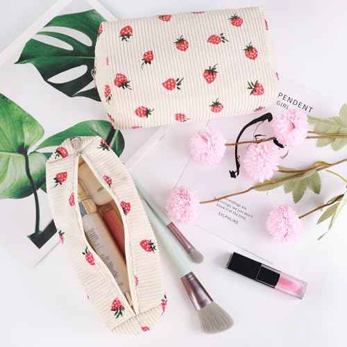 3 Pcs Makeup Bag Cosmetic Bag Set for Girls Women Travel Organizer Bathroom Toiletry Pouch Large Capacity Storage Bag (Strawberry Beige)