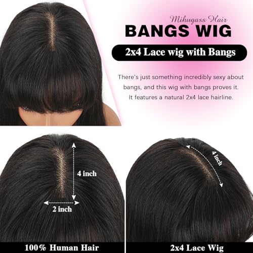 2x4 Lace Front Wigs With Bangs Human Hair 200% Lace Closure Wigs For Women Brazilian Virgin Hair Wear and Go Glueless Wig Natural Black Color(16 Inch)