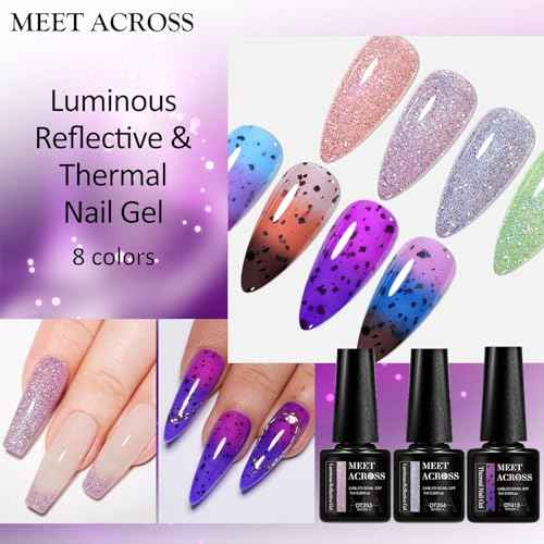 MEET ACROSS Gel Nail Polish Set, 8 Colors, UV/LED Soak Off (Luminous Diamonds + Eggshell Warming Gel, 8pcs)