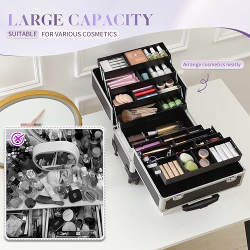 Leeora&Leekoo High-Capacity Multilayer Portable Nail Case for Nail Tech Organizer with Wheels - Lockable Makeup Case Organizer, Cosmetic Case, Makeup Train Case (Black)
