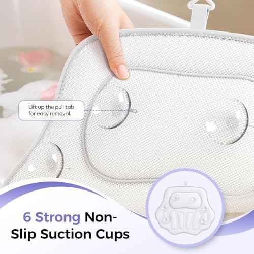 Bath Pillows for Tub, Ergonomic Bathtub Pillow for Head & Neck Relaxation, 4D Air Mesh Bath Cushion with 6 Non-Slip Suction Cups, Fits All Bathtubs (White)
